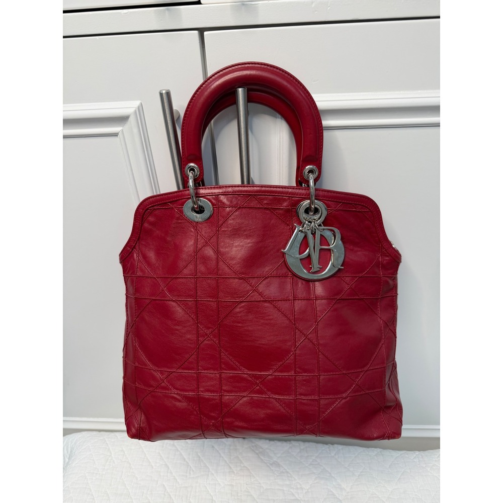 Christian Dior Granville Tote Women Large Red Excellent Cannage Quilted Leather
